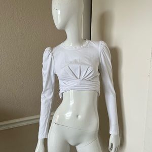 A.L.C. NEW! White Cotton Knit Puff Sleeve Wrap and Tied Cropped Long Sleeve Top